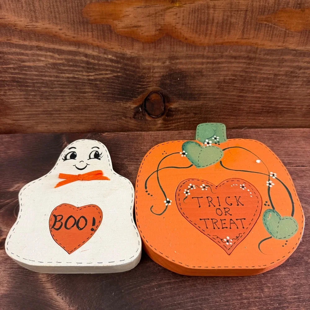 Handcrafted Bob & Zenna Meeks Wooden Ghost Pumpkin Halloween Shelf Sitter Set